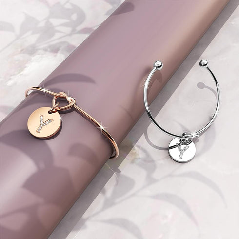 Fancy Alphabet Letter Initial Bangle in Rose Gold -A
